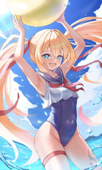 1girl absurdres armpits arms_up ball bare_shoulders beachball blonde_hair blue_sailor_collar blue_sky blush bow breasts covered_navel cropped_shirt go4leaf green_eyes highres holding holding_ball holding_beachball long_hair looking_at_viewer meechu min02 neckerchief ocean one-piece_swimsuit open_mouth outdoors red_bow red_neckerchief sailor_collar shirt sky small_breasts smile solo swimsuit thigh_strap twintails very_long_hair wading white_shirt