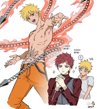 2boys blonde_hair blue_eyes facial_mark gaara_(naruto) highres korean_text lodoae long_sleeves male_focus multiple_boys naruto_(series) open_mouth orange_pants pants red_eyes red_hair short_hair topless_male uzumaki_naruto whisker_markings white_background