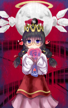 Rule 34 | 1girl, black hair, braid, crown, glasses, halo, heart, highres, izuminomitsuba, kirby (series), kirby 64, long hair, low twin braids, nintendo, one-eyed, pink skirt, purple eyes, red eyes, ripple star queen, skirt, sleeves past fingers, sleeves past wrists, twin braids, zero two (kirby)