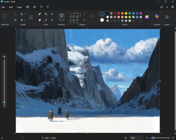 3others art_program_in_frame brown_coat christian_young cloud cloudy_sky coat commentary day english_commentary fur_collar landscape microsoft_paint_(medium) microsoft_paint_(software) mountain mountainous_horizon multiple_others original outdoors painterly scenery screencap shadow sky snow valley walking