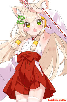 1girl :o ahoge animal_ears arm_up armpits artist_name blonde_hair blush cat_ears cat_girl clothing_cutout commentary_request detached_sleeves fish_hair_ornament green_eyes hair_ornament hair_tubes hakama hakama_short_skirt hakama_skirt hazakura_hinata heterochromia highres hip_vent holding japanese_clothes kimono kurumi_(hazakura_hinata) long_hair long_sleeves looking_at_viewer miko open_mouth original red_hakama red_skirt ribbon-trimmed_sleeves ribbon_trim sideless_kimono sidelocks simple_background skirt solo thighhighs white_background white_kimono white_thighhighs wide_sleeves yellow_eyes