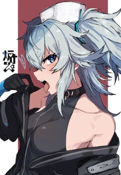 Rule 34 | 1girl, black gloves, blue eyes, blue hair, breasts, girls' frontline, gloves, hashtag-only commentary, hat, heart, heart-shaped pupils, highres, long hair, looking at viewer, nurse cap, open mouth, pa-15 (girls' frontline), r scrubed, simple background, solo, symbol-shaped pupils, teeth, tongue, tongue out, two-tone background, two side up, upper body, upper teeth only