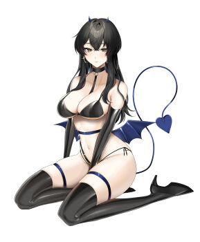 1girl absurdres between_breasts between_legs bikini black_bikini black_boots black_hair blue_horns boots breasts brown_eyes character_request commentary_request commission copyright_request demon_horns demon_tail demon_wings earrings glint hand_between_legs high_heel_boots high_heels highres hoop_earrings horns jewelry kneeling navel o-ring o-ring_top skeb_commission solo swimsuit tail thigh_boots thigh_strap white_background wings ymr_yamero