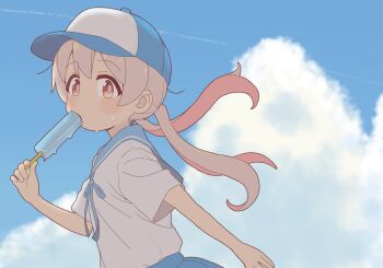 Rule 34 | 1girl, alternate costume, alternate hairstyle, bare arms, baseball cap, blue sailor collar, blue sky, brown eyes, cloud, commentary, contrail, food, food in mouth, from side, hat, highres, light blush, long hair, looking at viewer, onii-chan wa oshimai!, outdoors, oyama mahiro, pink hair, popsicle, popsicle in mouth, rtbspecter, sailor collar, sailor shirt, shirt, short sleeves, sky, solo, sweat, twintails, upper body, white shirt