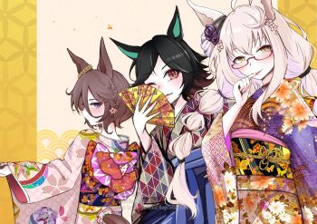 Rule 34 | 3girls, ahoge, animal ears, biwa hayahide (umamusume), black hair, blue eyes, blush, bnw (umamusume), braid, brown hair, commentary request, ear ornament, eyeliner, flipped hair, glasses, hair between eyes, hair ornament, half-closed eyes, hand fan, hand up, highres, holding, holding fan, horse ears, horse girl, horse tail, japanese clothes, kimono, lips, long hair, long hair between eyes, long sleeves, looking at viewer, low-tied long hair, makeup, multiple girls, narita taishin (umamusume), one eye closed, outstretched arm, red-framed eyewear, red eyeliner, red eyes, semi-rimless eyewear, short hair, sidelocks, smile, swept bangs, tail, umamusume, under-rim eyewear, watermark, white hair, wide sleeves, winning ticket (umamusume), yellow eyes, youai you