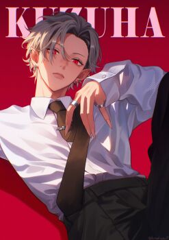 1boy arm_up belt black_belt black_necktie black_pants character_name collared_shirt earrings grey_hair hashtag-only_commentary highres hinakusa17 jewelry kuzuha_(nijisanji) looking_at_viewer lying multiple_earrings necktie nijisanji on_back pants parted_hair piercing pointy_ears red_background red_eyes shirt shirt_tucked_in sleeve_cuffs slit_pupils virtual_youtuber white_shirt wing_collar