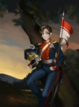 1girl absurdres aiguillette baldric belt blue_jacket blue_pants breasts brown_eyes buttoned_cuffs buttons cockade collar curly_hair double-breasted double-headed_eagle epaulettes expressionless feet_up flag girdle gloves hat high_collar highres hill holding holding_flag holding_polearm holding_unworn_clothes holding_unworn_hat holding_weapon hussar imperial_russian_army in_tree jacket katyusha_(98269886) lance landscape leaning light_blush looking_at_viewer medium_breasts military military_dress_uniform military_uniform napoleonic_wars original outdoors pantaloons pants pennant plastron polearm red_collar red_plastron red_wrist_cuffs riding_outfit russia saber_(weapon) sash shako_cap sitting sitting_in_tree skin_tight soldier sword sword_knot sword_knot tight_clothes tight_pants tree uhlan unworn_hat unworn_headwear weapon white_gloves white_sash wrist_cuffs