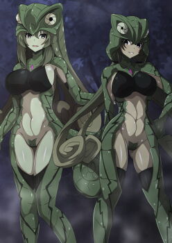 2girls absurdres aoi_tabane black_eyes black_hair breasts brown_eyes brown_hair chameleon_girl chameleon_tail colored_skin commission forest gluteal_fold green_hair green_skin hand_on_own_hip highres katsuragi_marina katsuragi_shiori kouyoku_senki_exs-tia large_breasts long_hair looking_at_viewer low_twintails maebari monster_girl monsterification multiple_girls nature navel parted_lips pixiv_commission revealing_clothes shiny_skin sideboob smile standing tail thighhighs twintails very_long_hair