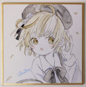 Rule 34 | 1girl, absurdres, beret, black bow, black hat, blush, bow, brown eyes, brown hair, collared shirt, commentary request, flower, hair flower, hair ornament, hand up, hat, hatoba tsugu, highres, open mouth, photo (medium), sha2mo, shikishi, shirt, signature, solo, suspenders, traditional media, tsugu (vtuber), virtual youtuber, white flower, white shirt