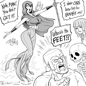 1boy 2girls absurdres archer_queen_(clash_of_clans) barbarian_king bb_(baalbuddy) clash_of_clans greyscale highres holding holding_staff hood hood_up index_finger_raised monochrome multiple_girls skeleton staff witch_(clash_of_clans)