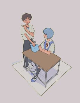 Rule 34 | 1boy, 1girl, absurdres, ayanami rei, black socks, blue eyes, blue hair, highres, ikari shinji, neon genesis evangelion, open mouth, red eyes, red ribbon, ribbon, school uniform, shinjiisdead, short hair, socks, table, tokyo-3 middle school uniform, twitter username, white footwear