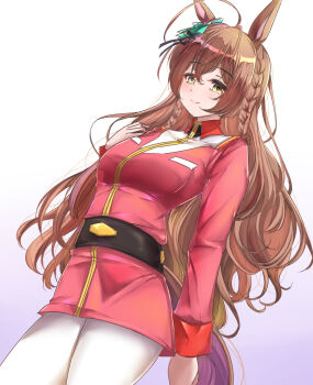 1girl alternate_costume anikinoihai893 animal_ears belt braid breasts brown_eyes brown_hair commentary_request gundam hair_between_eyes hair_ornament highres horse_ears horse_girl horse_tail long_hair looking_at_viewer medium_breasts mejiro_bright_(umamusume) mobile_suit_gundam pantyhose side_braids simple_background smile solo tail umamusume white_background