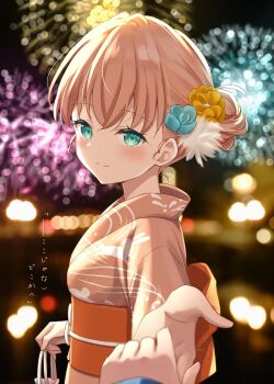 2girls absurdres aerial_fireworks animal_print aqua_eyes blue_flower blurry blurry_background blush bokeh closed_mouth commentary_request depth_of_field female_pov fireworks flower genyo_yako hair_bun hair_flower hair_ornament hanazora_satsuki highres hinoshita_kaho hinoshita_kaho_(hokkoku_hanabi) japanese_clothes kimono link!_like!_love_live! long_sleeves looking_at_viewer love_live! lyrics momose_ginko multiple_girls night official_alternate_costume orange_kimono orange_sash pov pov_hands rabbit_print single_hair_bun smile solo_focus split_mouth translation_request virtual_youtuber yellow_flower yukata