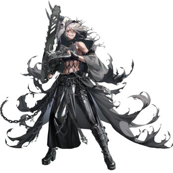 1girl absurdres animal_skull artist_request black_boots black_gloves black_pants black_survival boots chain chainsaw cloak cow_skull fingerless_gloves gloves grey_cloak grey_hair grin hair_between_eyes highres holding holding_chainsaw hood hooded_cloak jackie_quilt navel official_art pants red_eyes scar scar_on_arm scar_on_face skull_on_head smile solo standing third-party_source transparent_background