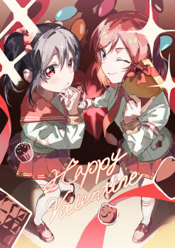 Rule 34 | 2girls, absurdres, black hair, blush, bow, box, chocolate, commentary request, english text, food, gift, gift box, hair bow, happy valentine, highres, holding, holding gift, inazuma (elect line), looking at viewer, love live!, love live! school idol project, medium hair, multiple girls, necktie, nishikino maki, official alternate costume, one eye closed, purple eyes, red eyes, red hair, red skirt, shirt, short twintails, simple background, skirt, socks, sparkle, sweets, twintails, valentine, white shirt, white socks, yazawa nico, yuri