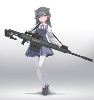 1girl absurdres black_hair black_shoes bow bowtie contrapposto dress earrings full_body gun gun_sling hair_bow highres jewelry loafers long_sleeves looking_at_viewer medium_hair oota_youjo original pantyhose pinafore_dress pleated_dress red_bow red_bowtie red_eyes rifle scope shirt shoes single_earring sleeveless sleeveless_dress smile sniper_rifle solo weapon weapon_request white_background white_pantyhose white_shirt