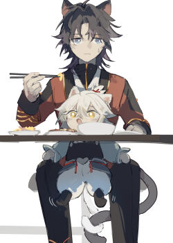 aged_down alternate_costume animal_ears blade_(honkai:_star_rail) bowl cat_boy cat_ears cat_tail child chinese_commentary chopsticks commentary food holding holding_chopsticks honkai:_star_rail honkai_(series) jing_yuan long_hair male_focus mississipping multiple_boys multiple_tails pants parted_bangs ponytail red_ribbon ribbon simple_background sitting sitting_on_lap sitting_on_person sweatdrop table tail white_background white_hair yellow_eyes