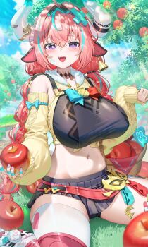 1girl animal_ears apple aqua_hair bandaid_on_horn bell bell_earrings black_skirt braid breasts cow_ears cow_girl cow_horns cowbell detached_sleeves ear_bell earrings food fruit genshin_impact hair_between_eyes hairband highres holding holding_food holding_fruit horns jewelry kiramarukou large_breasts leg_warmers long_hair long_sleeves looking_at_viewer low_twin_braids multicolored_hair navel open_mouth outdoors purple_eyes single_thighhigh sitting skirt smile solo stomach streaked_hair teeth thighhighs twin_braids upper_teeth_only varesa_(genshin_impact) wariza white_leg_warmers white_thighhighs yellow_sleeves