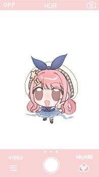 1girl absurdres back_bow beret blue_bow blue_bowtie blue_dress blue_shoes blue_sleeves blue_wrist_cuffs bow bowtie brooch brown_eyes bubbly_voyage_(infinity_nikki) chibi collared_dress commentary_request dress eyes_visible_through_hair fake_phone_screenshot fake_screenshot frilled_dress frilled_socks frilled_wrist_cuffs frills hair_ornament hair_rings hairclip happy hat hat_bow hat_ornament highres infinity_nikki jewelry light_blush long_hair looking_at_viewer mary_janes medium_dress nikki_(nikki) nikki_(series) open_mouth pink_hair pleated_dress pleated_sleeves rabbit_hair_ornament shoes short_sleeves sidelocks smile socks solo star_(symbol) star_hat_ornament strapless strapless_dress tareme transparent_background wavy_hair white_hat white_socks wrist_cuffs xianmaobuchiyu