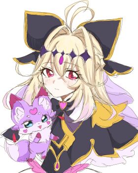 Rule 34 | 1girl, antenna hair, black bow, black capelet, black dress, blonde hair, blush, bow, brooch, capelet, closed mouth, commentary, crossed bangs, cure arcana shadow, diamond hairband, dot nose, dress, frills, gradient hair, hair intakes, heart, heart brooch, highres, jewelry, long hair, looking at viewer, magical girl, mascot, mashu-tan, meitantei precure!, mgmg16, moria ruruka, multicolored hair, open mouth, pink hair, precure, purple eyes, purple veil, simple background, smile, upper body, veil, white background, white wrist cuffs, wrist cuffs