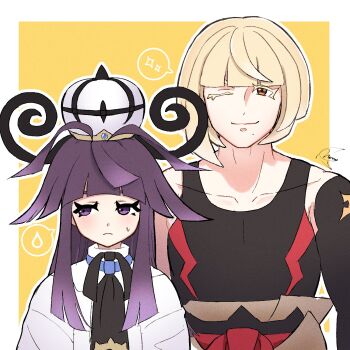 1boy 1girl ;) alternate_hairstyle arched_bangs black_shirt blonde_hair blunt_bangs brother_and_sister brown_eyes closed_mouth collarbone colored_eyelashes commentary eyelashes gwynn_(pokemon) hairstyle_switch highres ivor_(pokemon) jacket looking_at_viewer meru_merume603 neck_ribbon nintendo one_eye_closed open_clothes open_jacket pokemon pokemon_legends:_z-a ribbon shirt siblings sidelocks signature sleeveless sleeveless_shirt smile spoken_sparkle spoken_sweatdrop sweatdrop white_jacket yellow_background