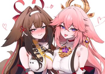 2girls animal_ears breast_press breasts brown_hair center_opening china_dress chinese_clothes commentary dress droopy_ears erbium fox_ears fox_girl genshin_impact hair_intakes hairband heart heart-shaped_pupils highres large_breasts long_hair looking_at_viewer mihoyo multiple_girls pink_hair purple_eyes red_eyes saliva saliva_trail shirt symbol-only_commentary symbol-shaped_pupils symmetrical_docking tongue tongue_out upper_body white_background white_hairband white_shirt yae_miko ye_shunguang yuri zenless_zone_zero