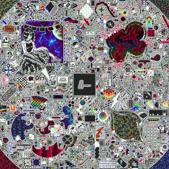 1girl animated animated_gif blinking breasts cd cube fidget_spinner guandanarian hair_over_one_eye halo jacket lava_lamp long_skirt looping_animation medium_breasts original pixel_art shoes sitting skirt sneakers solo triangle yin_yang