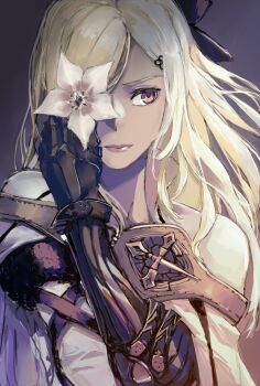 1girl black_ribbon blonde_hair brown_sash commentary drag-on_dragoon drag-on_dragoon_3 dress floral_print flower flower_in_eye hair_ornament hair_ribbon hairclip highres long_hair looking_to_the_side mechanical_arms nutori_manga prosthesis prosthetic_arm red_eyes ribbon single_mechanical_arm solo swept_bangs symbol_in_eye upper_body white_dress white_flower zero_(drag-on_dragoon)