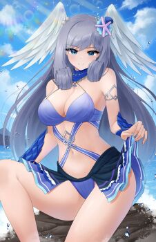 1girl bare_shoulders bikini blue_bikini blue_eyes blush breasts cleavage curly_hair doiparuni grey_hair head_wings highres large_breasts long_hair looking_at_viewer melia_antiqua navel ocean rock smile solo stomach swimsuit wings xenoblade_chronicles_(series) xenoblade_chronicles_1