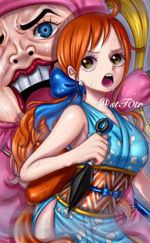 2girls artist_name bare_shoulders blonde_hair blue_eyes blue_ribbon commentary_request earrings hair_ribbon highres holding holding_weapon jewelry kunai lips lipstick long_hair low_ponytail makeup multiple_girls nami_(one_piece) nami_(one_piece)_(wano) official_alternate_costume one_piece open_mouth orange_hair pearl_earrings ponytail red_lips ribbon shinobu_(one_piece) size_difference stt0tr teeth twintails weapon