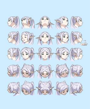 1girl 25_perspective_box_exercise blowing_kiss blue_background commentary cropped_head earrings elf english_commentary frieren green_eyes heart highres jewelry meme multiple_views pointy_ears serialboel simple_background sousou_no_frieren teardrop_earrings twintails upward_angle_frieren_drawing_(meme) white_hair