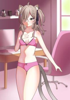 1girl absurdres ahoge animal_ear_fluff animal_ears bell belly bird blurry blurry_background blush bow bra breasts cat_ears chair commission embarrassed green_eyes hair_between_eyes hair_bow hair_ribbon heterochromia highres indoors knee_up knees_up monitor navel nose panties penguin pink_bra pink_panties plant potted_plant requiem ribbon side_ponytail small_breasts solo standing stuffed_toy suzune_nia table thighs twintails underwear underwear_only virtual_youtuber yellow_eyes