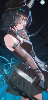 1girl absurdres animal_ear_fluff animal_ears aqua_eyes arknights arm_belt bang_dream! bang_dream!_it&#039;s_mygo!!!!! bare_shoulders black_dress black_gloves black_hat blue_hair breasts chinese_commentary choker commentary dress elbow_gloves enoharatoki finger_to_mouth full_moon gloves hand_up hat highres holding holding_knife holding_weapon knife looking_at_viewer medium_breasts medium_hair moon night night_sky parted_lips shushing sky solo spiked_choker spikes tail weapon wolf_ears wolf_girl wolf_tail yahata_umiri yahata_umiri_(moonlight_executioner)