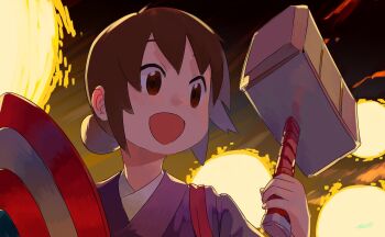 1girl :d absurdres avengers:_endgame avengers_(series) brown_eyes brown_hair captain_america hair_bun hammer highres holding holding_hammer holding_shield japanese_clothes kimono marvel marvel medium_hair mjolnir_(marvel) open_mouth parody purple_kimono ryusei_hashida seki_oriko shield single_hair_bun smile solo upper_body waka_okami_wa_shougakusei!
