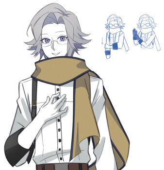 Rule 34 | 1boy, \||/, aotsuki eito, aquam0n1ca, blouse, colored skin, commentary, cosplay, glasses, gloves, grey hair, hand on own arm, hand on own chest, highres, looking at viewer, male focus, mochizuki ryouji, mochizuki ryouji (cosplay), multiple views, persona, persona 3, ringed eyes, scarf, shirt, short hair, smile, the hundred line -last defense academy-, white background, white shirt, white skin, yellow scarf