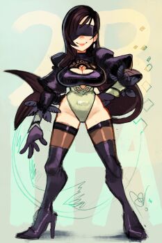 1girl 2b_(nier:automata) 2b_(nier:automata)_(cosplay) alex_ahad black_gloves black_thighhighs blindfold boots breasts cleavage_cutout clothing_cutout company_connection cosplay feather-trimmed_sleeves final_fantasy final_fantasy_vii final_fantasy_vii:_ever_crisis full_body gloves hand_on_own_hip high_heel_boots high_heels highleg highleg_leotard highres leotard nier:automata nier_(series) official_alternate_costume smile solo thigh_boots thigh_gap thighhighs tifa_lockhart tifa_lockhart_(battler_ensemble)