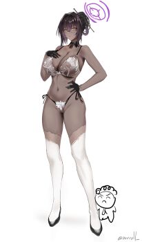 1girl black_collar black_footwear black_gloves black_hair blue_archive bra breasts cleavage closed_mouth collar collarbone covered_erect_nipples dark-skinned_female dark_skin detached_collar doodle_sensei_(blue_archive) full_body glasses gloves gradient_hair hair_between_eyes hair_bun hair_ornament hair_stick halo hand_on_own_chest hand_on_own_hip high_heels highres karin_(blue_archive) lock long_hair multicolored_hair navel padlock padlocked_collar panties porroll pumps purple_hair purple_halo rimless_eyewear see-through_bra see-through_clothes see-through_panties sensei_(blue_archive) side-tie_panties simple_background single_hair_bun solo standing stomach thighhighs thighs twitter_username underwear white_background white_bra white_panties white_thighhighs