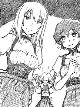 Rule 34 | 3girls, akaboshi koume, alternate costume, angry, breasts, choker, cleavage, clothing cutout, collarbone, dirndl, dress, frown, german clothes, girls und panzer, girls und panzer phase erika, highres, itsumi erika, multiple girls, rou leila, smile, yamamotommtt