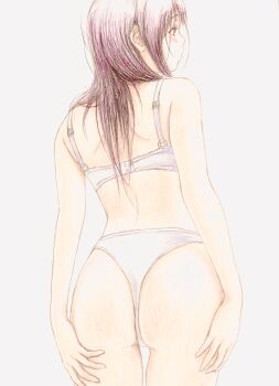 1girl absurdres ass bbmasa blush bra cowboy_shot from_behind gradient_background grey_background hands_on_own_ass hibike!_euphonium highres kasaki_nozomi liz_to_aoi_tori long_hair median_furrow panties profile purple_hair shoulder_blades solo thong traditional_media underwear underwear_only white_bra white_panties