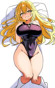 1girl bare_hips black_one-piece_swimsuit blonde_hair breasts bright_pupils cleavage cleavage_cutout clothing_cutout commentary_request competition_swimsuit covered_navel diamond_cutout from_above hair_between_eyes hands_on_own_chest head_on_pillow highleg highleg_one-piece_swimsuit highres huge_breasts kneehighs long_hair looking_at_viewer lying no_gloves on_back one-piece_swimsuit parted_lips partial_commentary pillow r_harbinger shokuhou_misaki smile socks solo star-shaped_pupils star_(symbol) swimsuit symbol-shaped_pupils toaru_kagaku_no_mental_out toaru_kagaku_no_railgun toaru_majutsu_no_index white_mouth white_pupils white_socks yellow_eyes