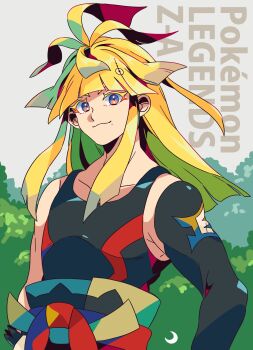 1boy black_shirt black_sleeves black_tank_top blonde_hair bush closed_mouth collarbone commentary_request highres ivor_(pokemon) long_hair looking_at_viewer male_focus mizuki_tsukimori mole mole_under_mouth muscular muscular_male nintendo pokemon pokemon_legends:_z-a shirt single_sleeve smile solo tank_top upper_body