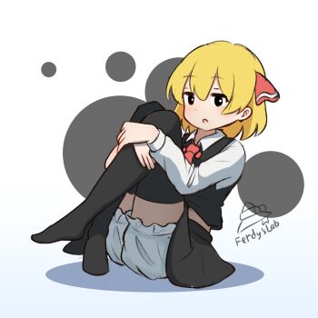 1girl artist_name black_eyes black_necktie black_skirt black_thighhighs black_vest blonde_hair bloomers collared_shirt commentary ferdy&#039;s_lab full_body hair_between_eyes hair_ribbon highres hugging_own_legs long_sleeves looking_ahead medium_hair miniskirt necktie open_mouth raised_eyebrows red_ribbon ribbon rumia shirt signature sitting skirt solo thighhighs touhou underwear vest watermark white_bloomers white_shirt wing_collar zettai_ryouiki