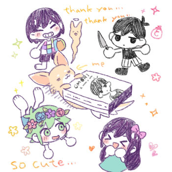 >_< 1girl 3boys artist_self-insert aubrey_(headspace)_(omori) aubrey_(omori) basil_(headspace)_(omori) basil_(omori) black_eyes black_tank_top blush bow chibi chibi_only closed_eyes colored_skin dog flower green_eyes green_hair grin hair_bow head_wreath kel_(headspace)_(omori) kel_(omori) long_hair multiple_boys omori omori_(omori) open_mouth pink_bow purple_hair purple_shorts short_hair shorts smile sun_iiinu tank_top teeth white_shorts white_skin