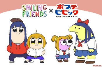 :3 adult_swim blue_eyes bow bowtie charlie_dompler colored_skin crossover dress hat loli long_hair medium_hair nomail pants petite pim_pimling pipimi poptepipic popuko purple_skin sailor_dress school_uniform shirt shoes short_pants size_difference skirt smiling_friends sweater twintails warner_bros. yellow_eyes yellow_skin