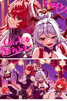 Rule 34 | 1girl, ahoge, belt, black belt, black collar, black gloves, black nails, black shirt, black skirt, blue eyes, breasts, chibi, chibi inset, collar, cross, cross necklace, demon tail, dragon girl, dragon horns, dragon tail, eyepatch, fingerless gloves, general geega, general geega (underworld casual), gloves, glowing nails, grey hair, hair between eyes, head wings, heterochromia, highres, horns, jewelry, large breasts, long hair, looking at viewer, necklace, necktie, pantyhose, pointy ears, ponytail, red eyes, red hair, red necktie, shirt, sitting, skirt, sky, sleeveless, sleeveless shirt, spiked belt, spiked collar, spikes, star (sky), starry sky, suspenders, tail, usakichiyuzu, virtual youtuber, vshojo, white pantyhose, white shirt, wings, yellow eyes, zentreya, zentreya (dragon), zentreya (dragon) (metalheads)