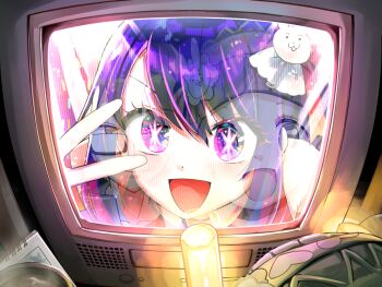 1boy 2girls amamiya_gorou beanie bespectacled byougaku closed_mouth crt excited glasses glowstick hat hat_ornament hoshino_ai multiple_girls oshi_no_ko reflection reflection_focus screen smile television tendouji_sarina v watching_television