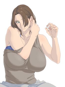 1girl absurdres bare_arms bare_shoulders blue_bra bra bra_peek breasts brown_hair brown_tank_top closed_eyes commentary_request green_eyes hand_on_own_ear hands_up highres holding_earrings huge_breasts mattsun_(lyohei) original parted_bangs pink_nails risa_(mattsun) short_hair simple_background solo strap_slip tank_top underwear upper_body white_background
