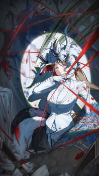 1girl absurdres blood blue_eyes breasts brown_hair choker collared_shirt commentary floating_hair formal_clothes gloves highres large_breasts limbus_company looking_at_viewer project_moon ring_(identity)_(project_moon) rodion_(project_moon) shirt solo string string_of_fate suit tail untranslatable_commentary white_gloves white_suit zerobig