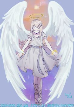 angel angel_wings belt blonde_hair bracelet brown_sandals character_name closed_eyes collarbone colored_eyelashes commentary_request earrings facing_down feathered_wings flipped_hair gakuen_idolmaster gold_bracelet gradient_background grey_belt grey_tunic halo happy_birthday highres idolmaster jewelry long_hair sandals shinosawa_hiro short_sleeves stud_earrings swept_bangs traditional_halo tunic white_wings wings yasuzero