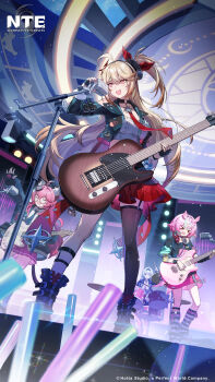 >_< 4girls absurdres akane_rin_(nte) animal_ear_fluff animal_ear_legwear animal_ears armband bass_guitar black-framed_eyewear black_jacket black_shirt blonde_hair breasts cat_ear_legwear closed_eyes company_name copyright_logo copyright_name cross_tie drum drum_set drumsticks english_text female_esper_zero_(nte) fingerless_gloves galaxy glasses gloves glowstick grey_hair guitar hair_ornament haniel_(nte) headphones headphones_around_neck highres holding holding_drumsticks instrument jacket logo microphone multicolored_hair multiple_girls nanally_(nte) necktie neverness_to_everness official_art open_mouth pink_armband pink_hair purple_necktie red_eyes red_hair red_necktie red_skirt round_eyewear shirt short_hair singing skirt smile tail tiger_ears tiger_girl tiger_tail white_shirt